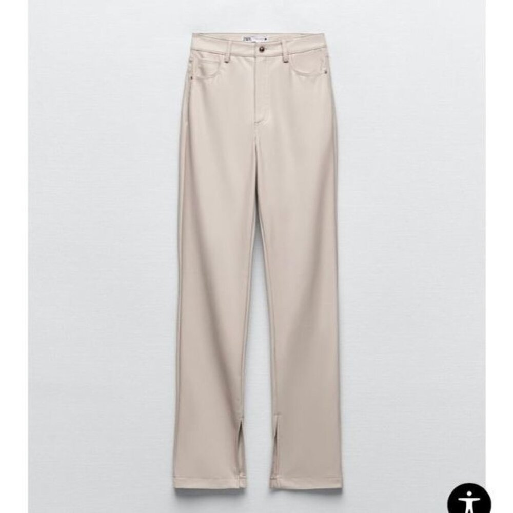 ZARA Faux Leather Super High Rise Slim Flare Pants Slit Size 2 34 Long Beige - Picture 12 of 14